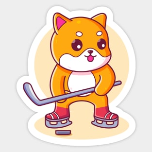 Cute Shiba Inu Playing Hockey Sticker